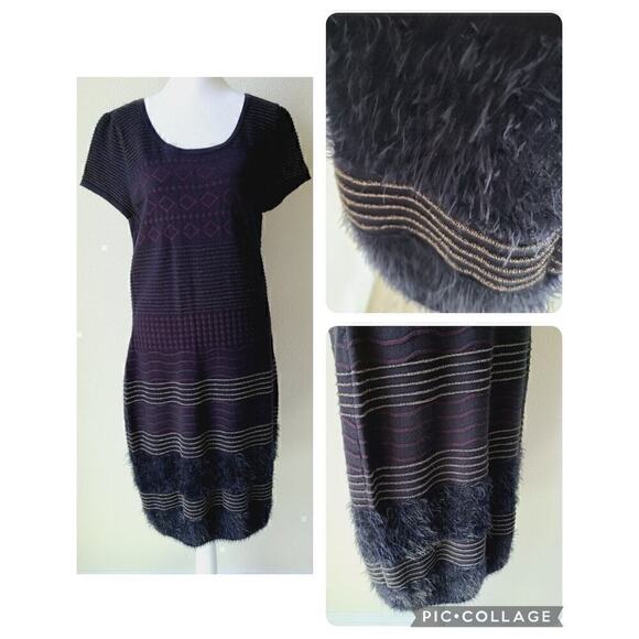 Just Taylor Black Knit‎ Sweater Dress Sz Large Fur Gold Striped Black Sheath - Picture 1 of 12